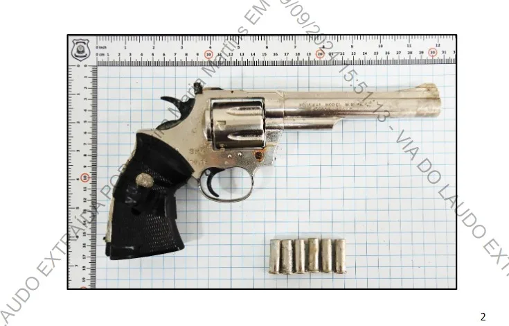 A arma usada era uma réplica do revólver Colt Trooper, calibre .357 Magnum, contendo cartuchos reais deflagrados. Na foto, imagem feita pela perícia (reprodução/TJ) 