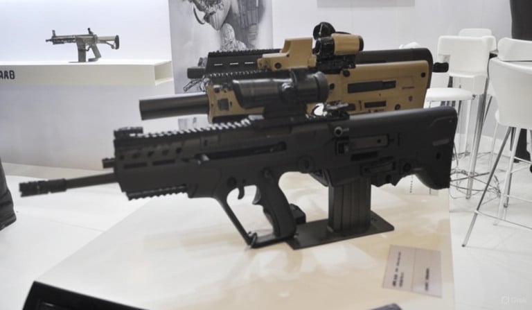 Fuzil da Tavor, da IWI, no estande da fabricante durante a feira COP International